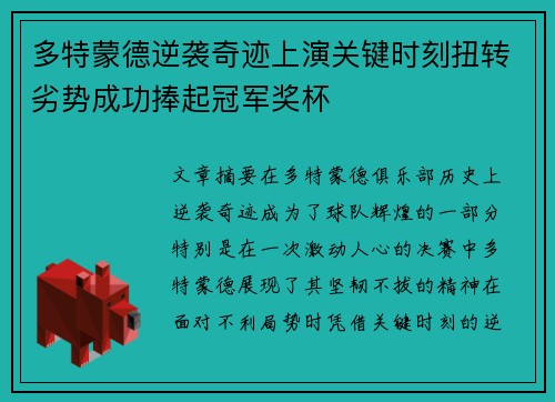 多特蒙德逆袭奇迹上演关键时刻扭转劣势成功捧起冠军奖杯